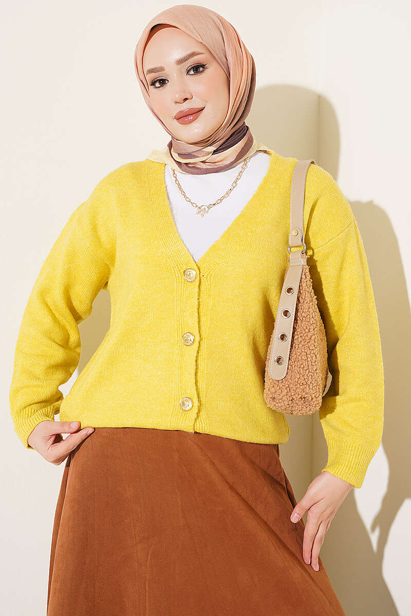 Short V-Neck Knit Cardigan with Gold Buttons - Olive