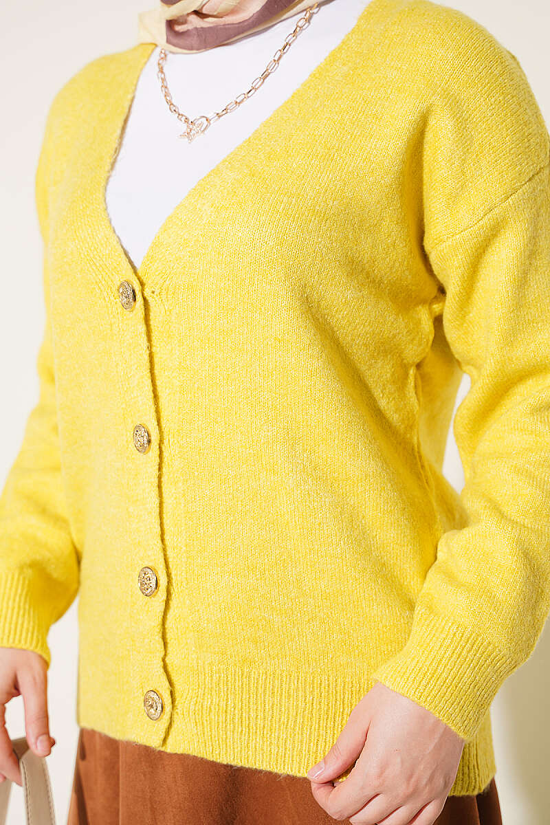 Short V-Neck Knit Cardigan with Gold Buttons - Olive