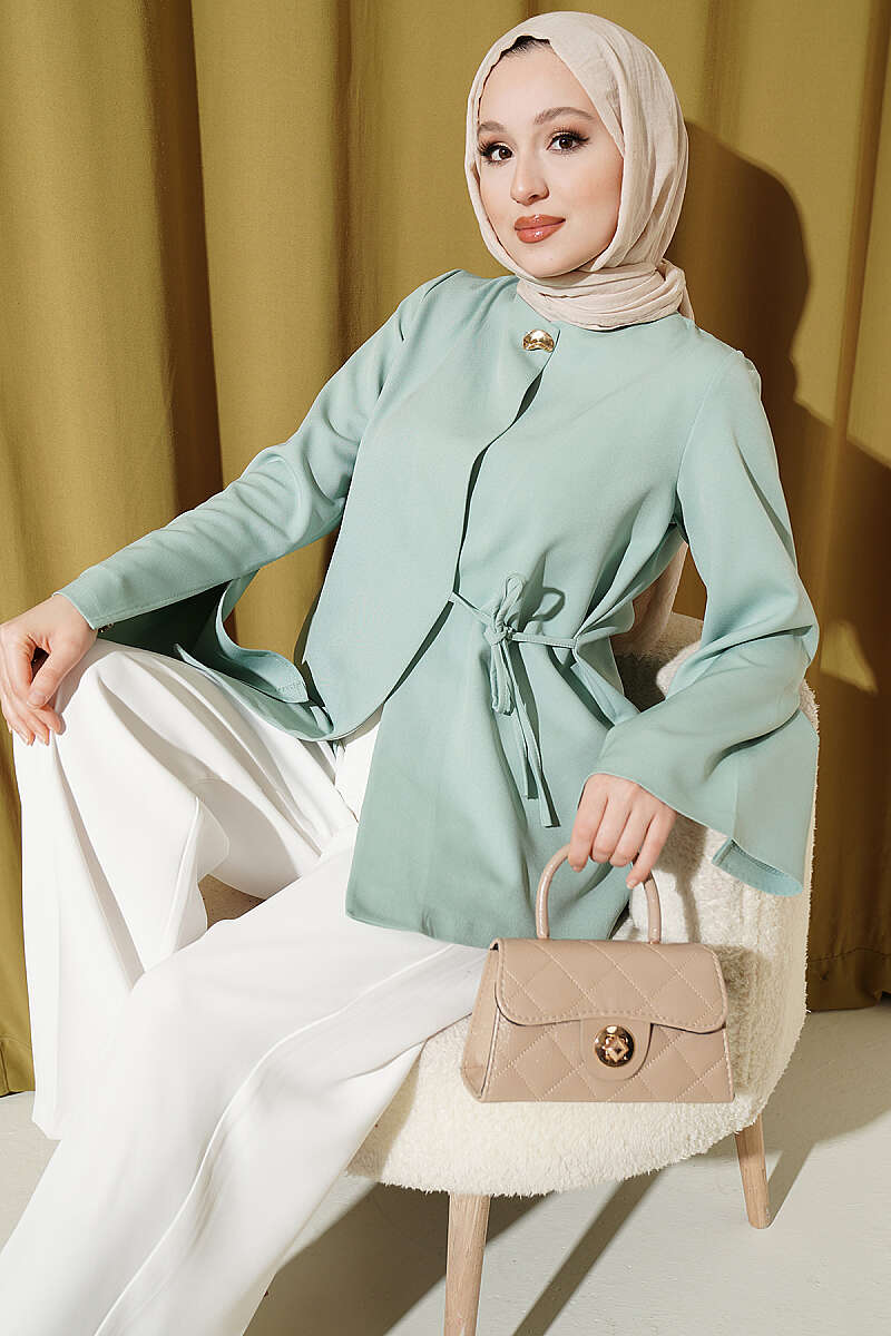 Side-Tie Kimono with Gold Buttons - Aqua Green