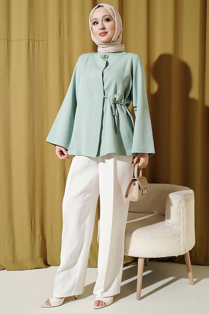 Side-Tie Kimono with Gold Buttons - Aqua Green