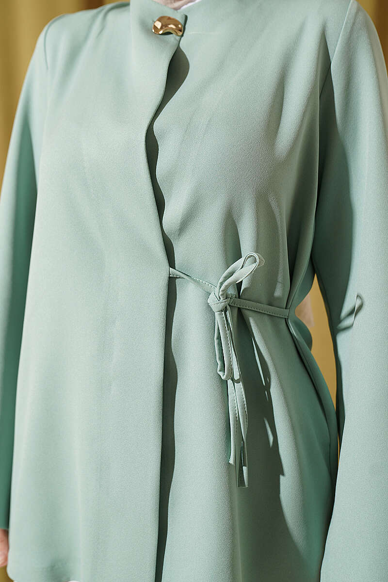 Side-Tie Kimono with Gold Buttons - Aqua Green