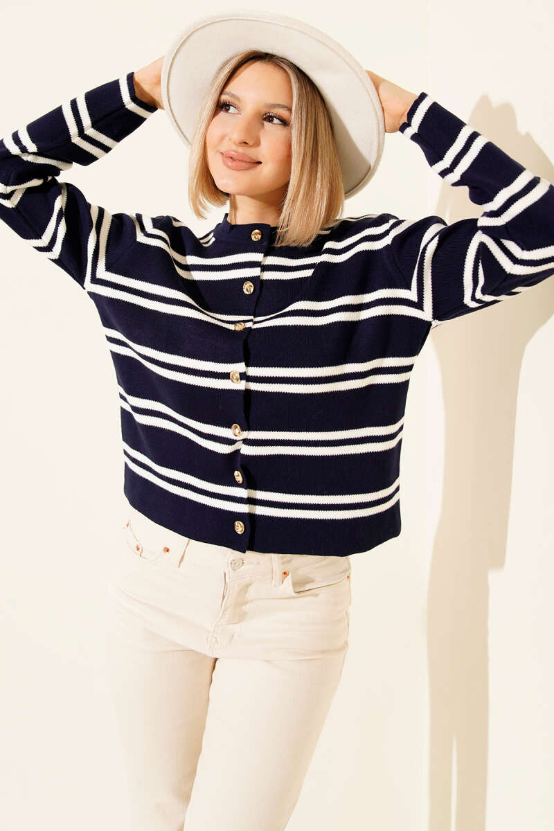 Knit Cardigan with Side Stripes and Gold Buttons - Navy