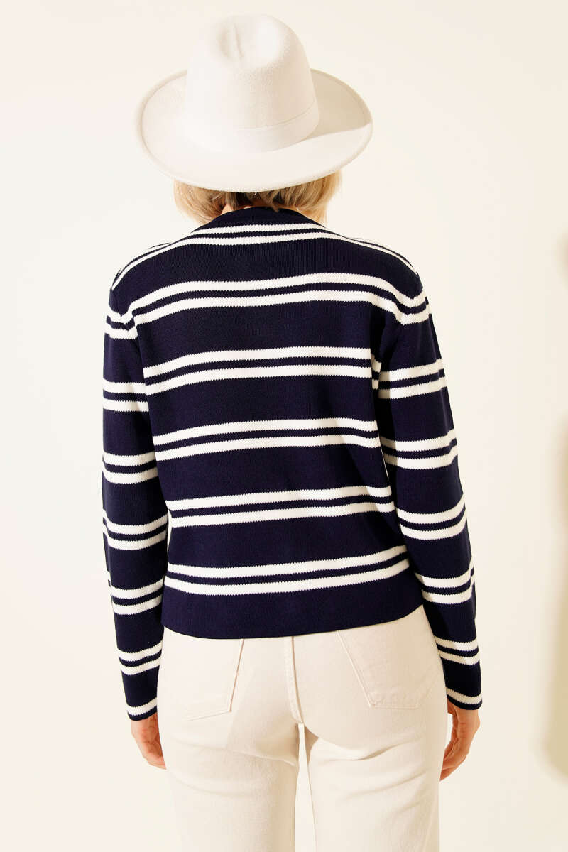 Knit Cardigan with Side Stripes and Gold Buttons - Navy