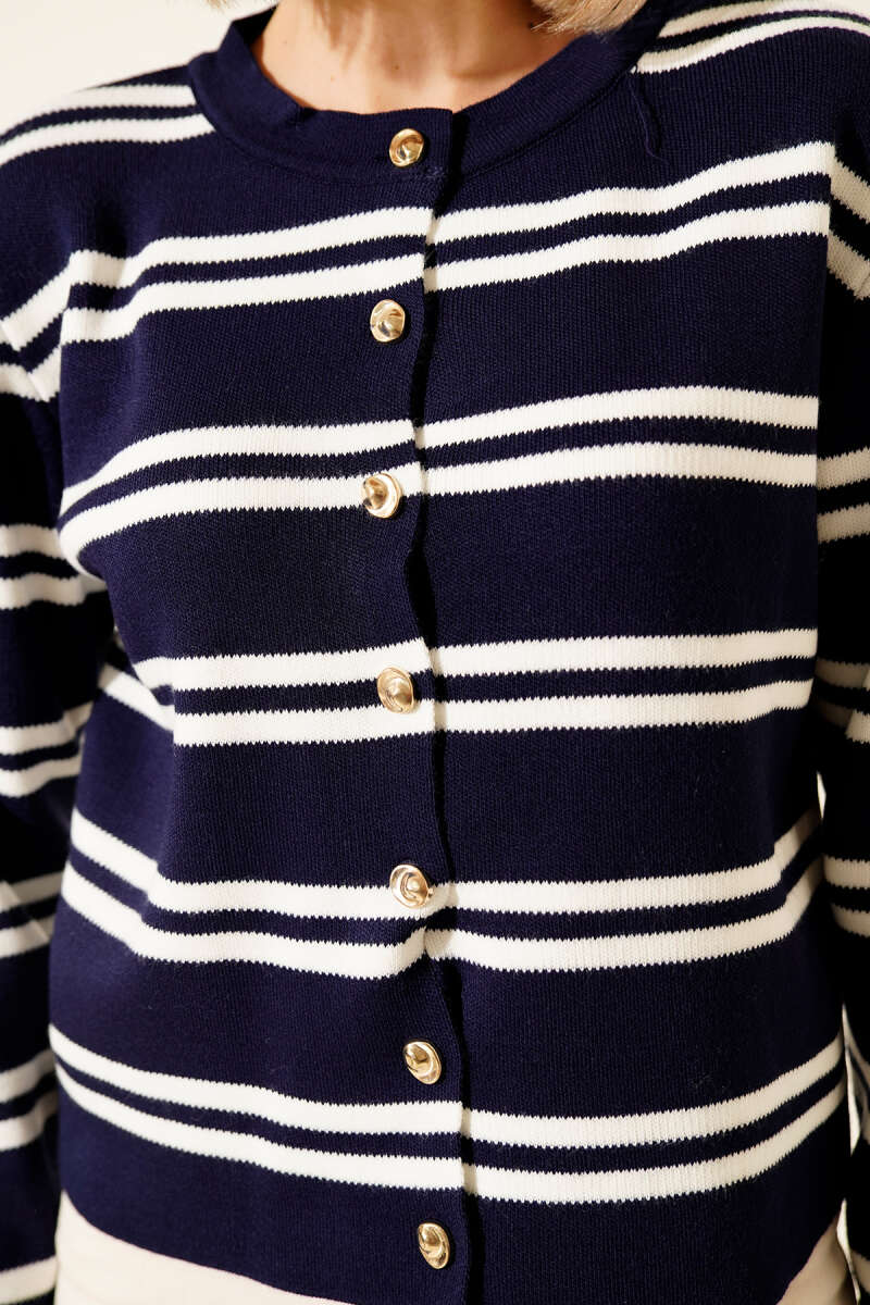 Knit Cardigan with Side Stripes and Gold Buttons - Navy