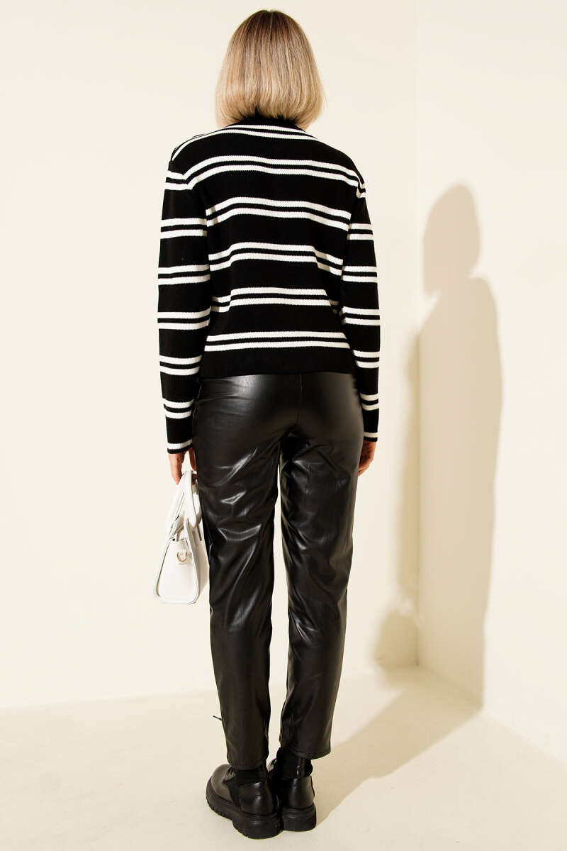 Knit Cardigan with Side Stripes and Gold Buttons - Black