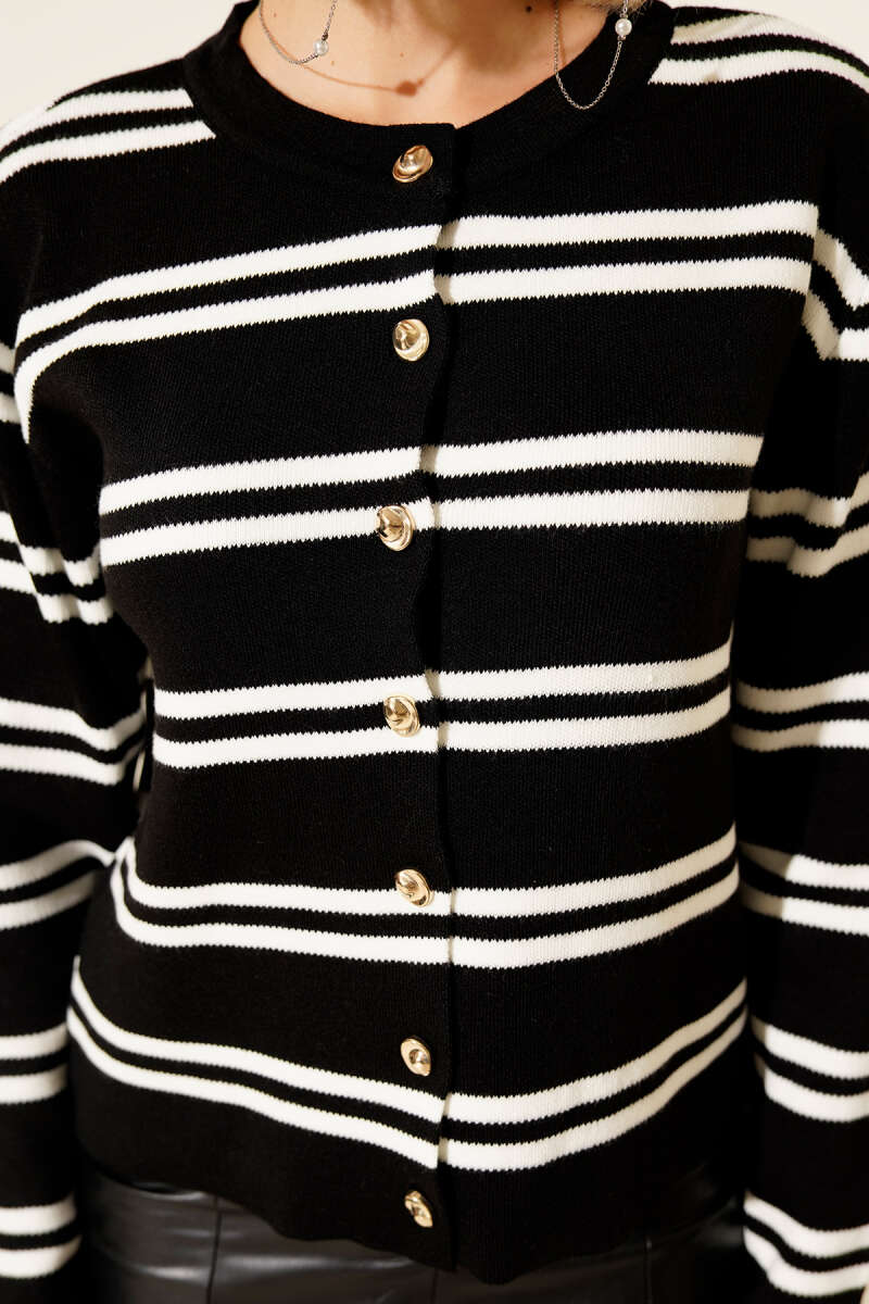 Knit Cardigan with Side Stripes and Gold Buttons - Black