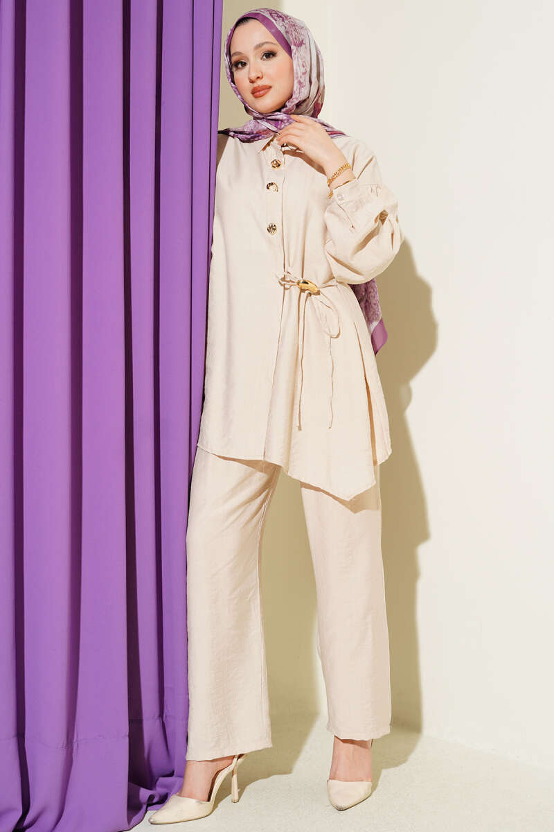 Two-Piece Set with Side Ties and Gold Buttons - Beige