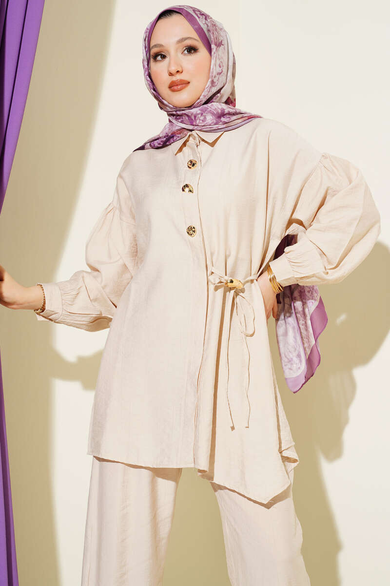 Two-Piece Set with Side Ties and Gold Buttons - Beige