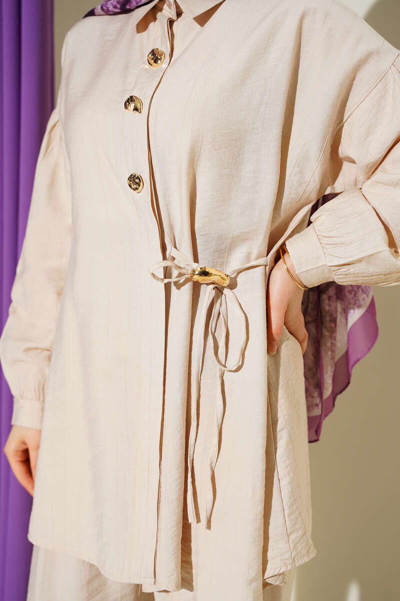 Two-Piece Set with Side Ties and Gold Buttons - Beige