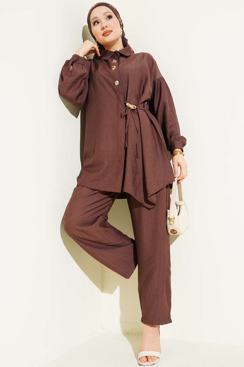 Two-Piece Set with Side Ties and Gold Buttons - Brown