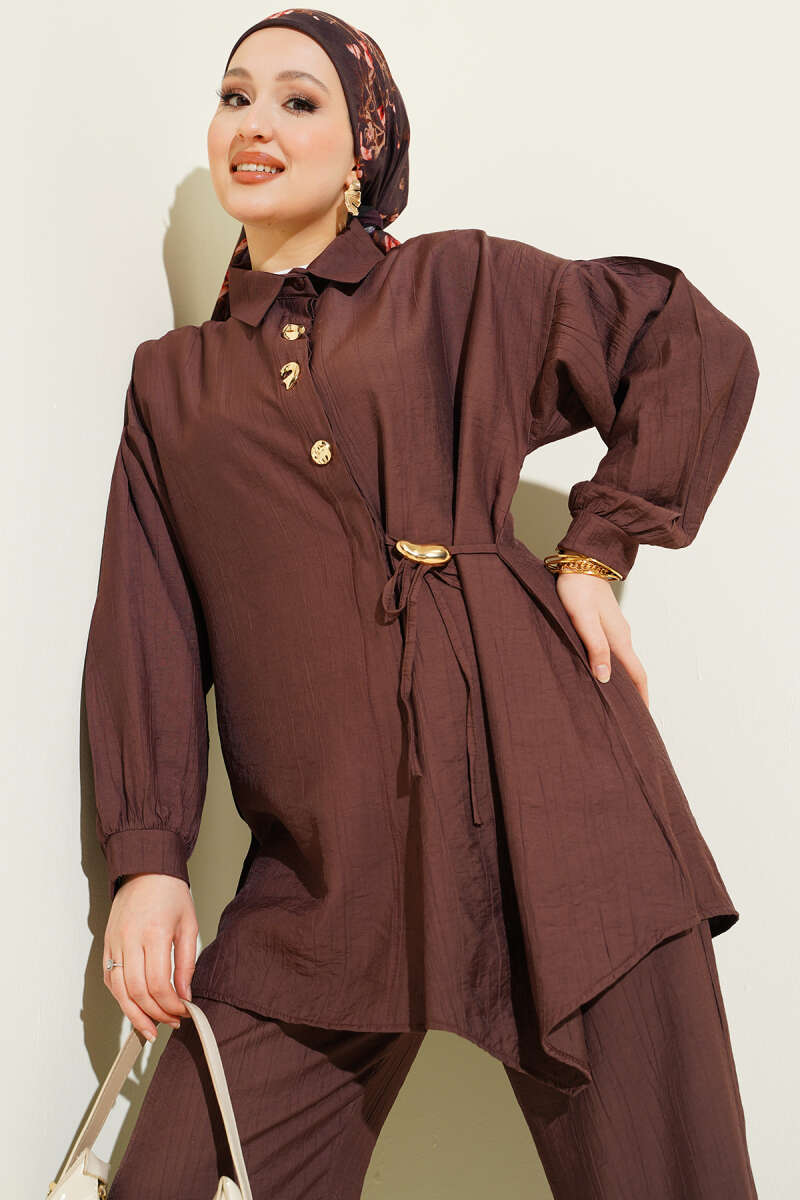 Two-Piece Set with Side Ties and Gold Buttons - Brown