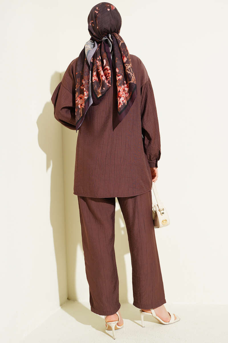 Two-Piece Set with Side Ties and Gold Buttons - Brown