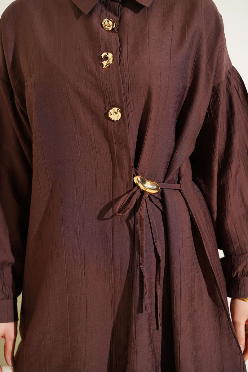 Two-Piece Set with Side Ties and Gold Buttons - Brown