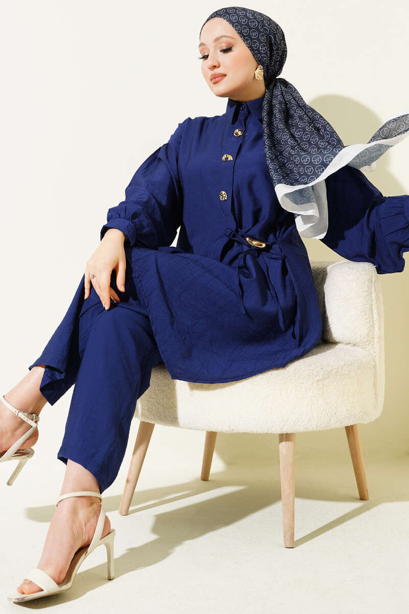 Two-Piece Set with Side Ties and Gold Buttons - Navy