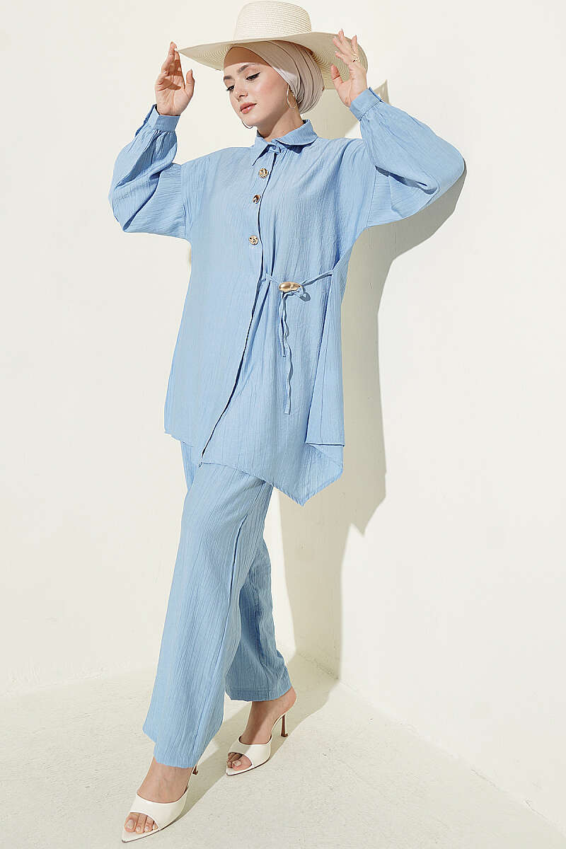 Two-Piece Set with Side Ties and Gold Buttons - Blue