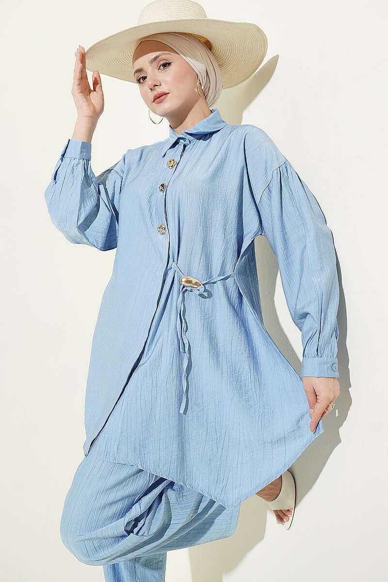 Two-Piece Set with Side Ties and Gold Buttons - Blue