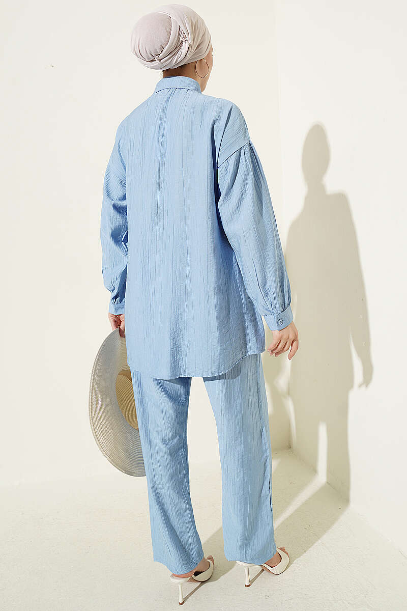 Two-Piece Set with Side Ties and Gold Buttons - Blue