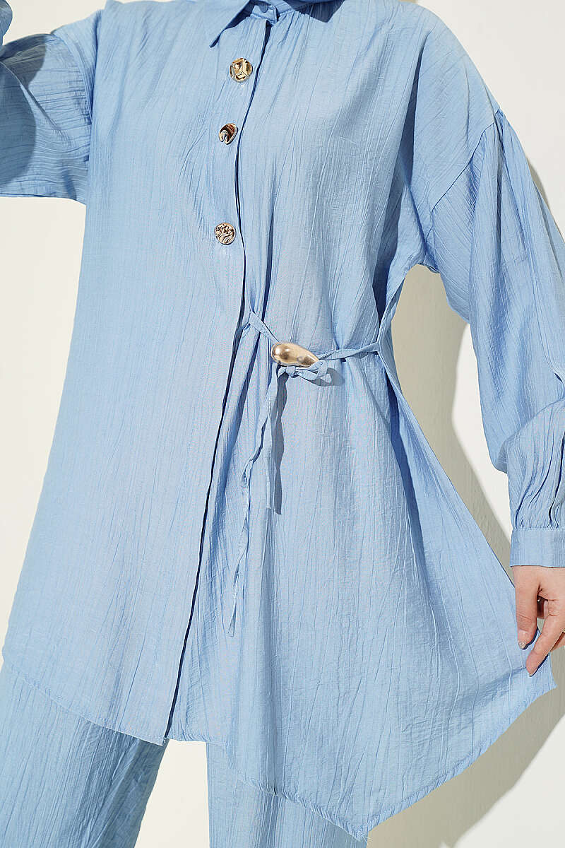 Two-Piece Set with Side Ties and Gold Buttons - Blue