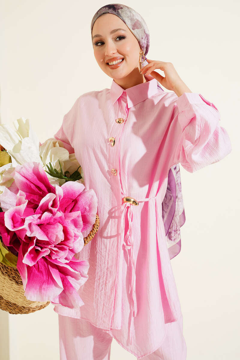 Two-Piece Set with Side Ties and Gold Buttons - Pink