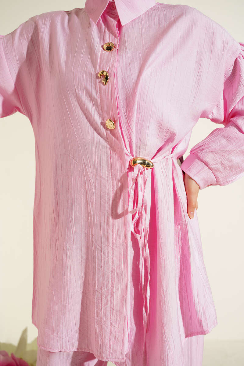 Two-Piece Set with Side Ties and Gold Buttons - Pink