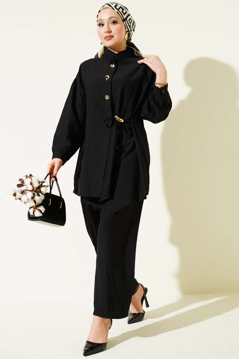 Two-Piece Set with Side Ties and Gold Buttons - Black