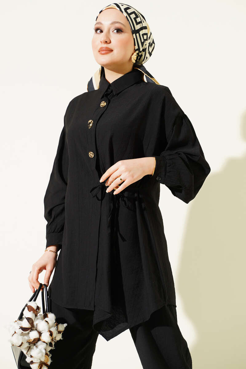 Two-Piece Set with Side Ties and Gold Buttons - Black