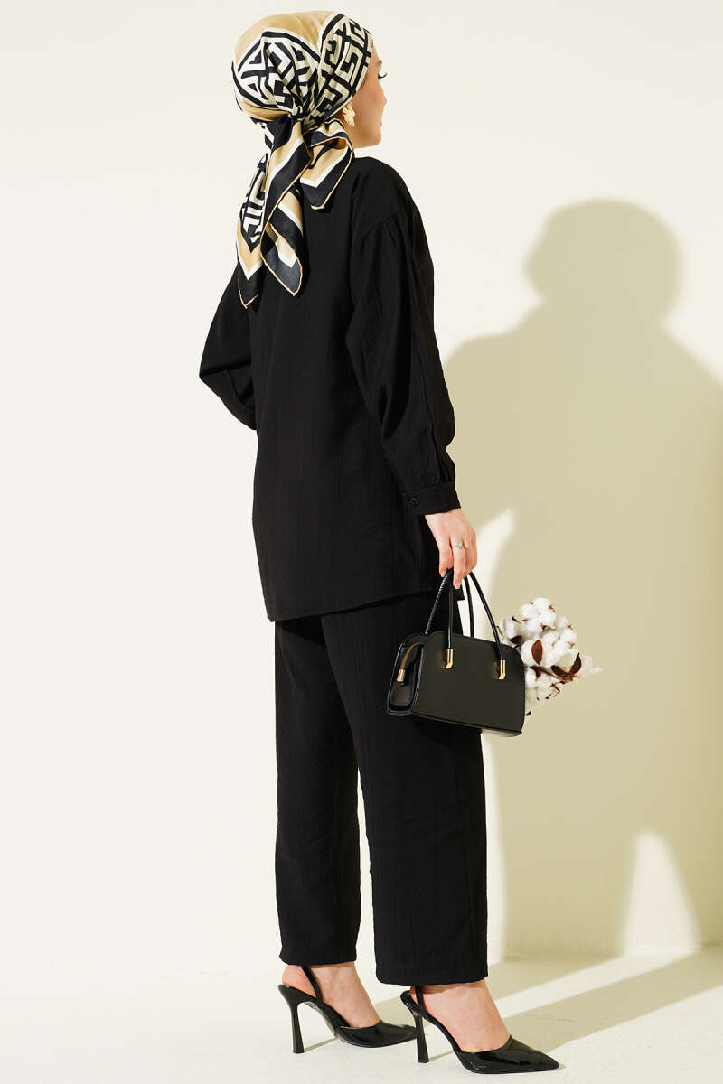 Two-Piece Set with Side Ties and Gold Buttons - Black