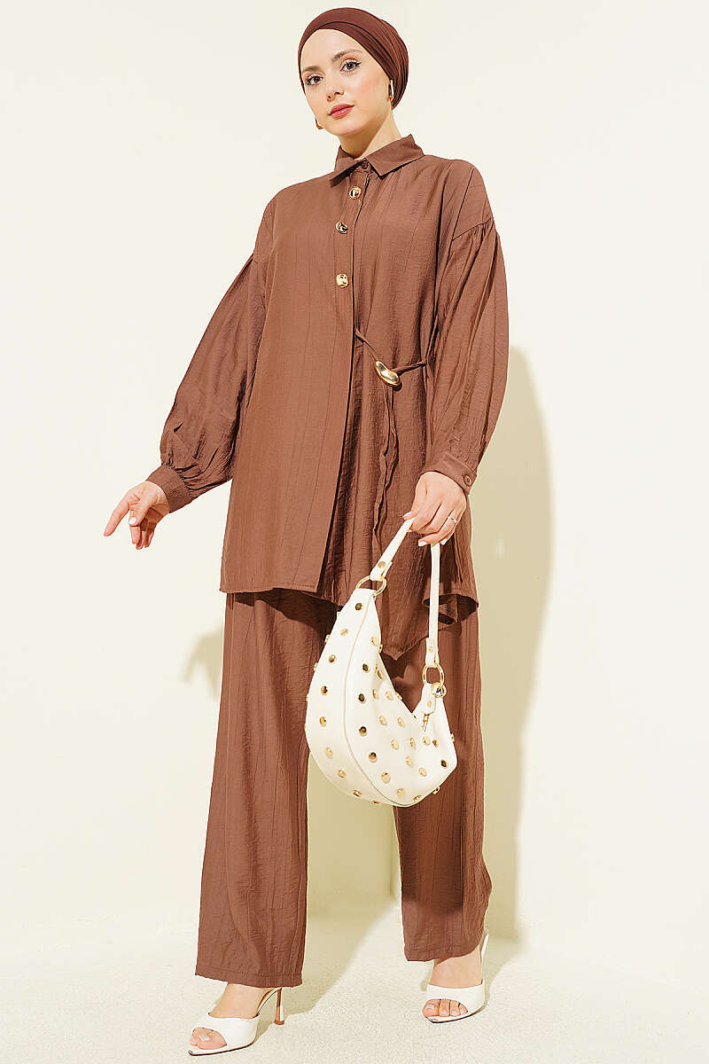 Two-Piece Set with Side Ties and Gold Buttons - Tan