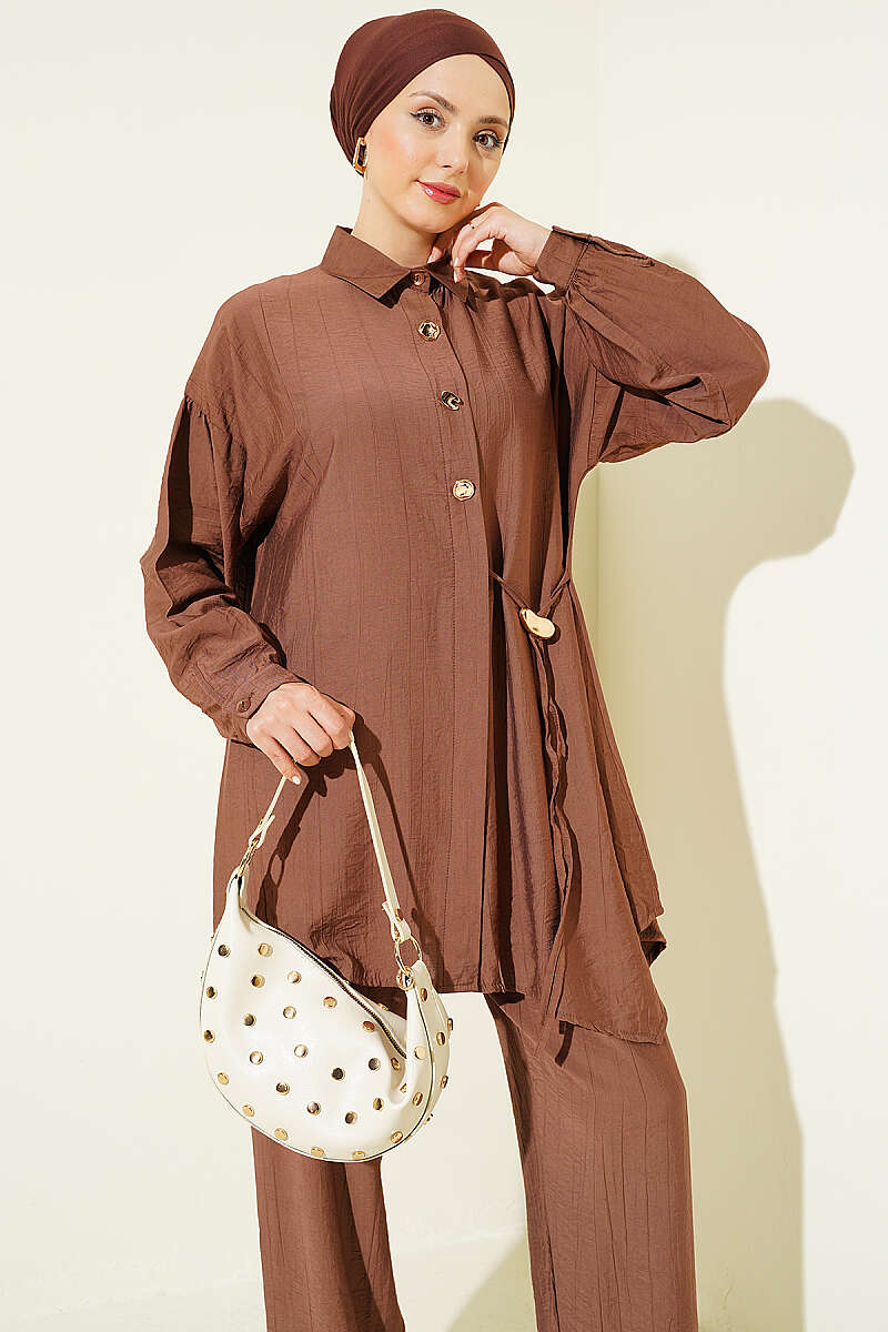 Two-Piece Set with Side Ties and Gold Buttons - Tan