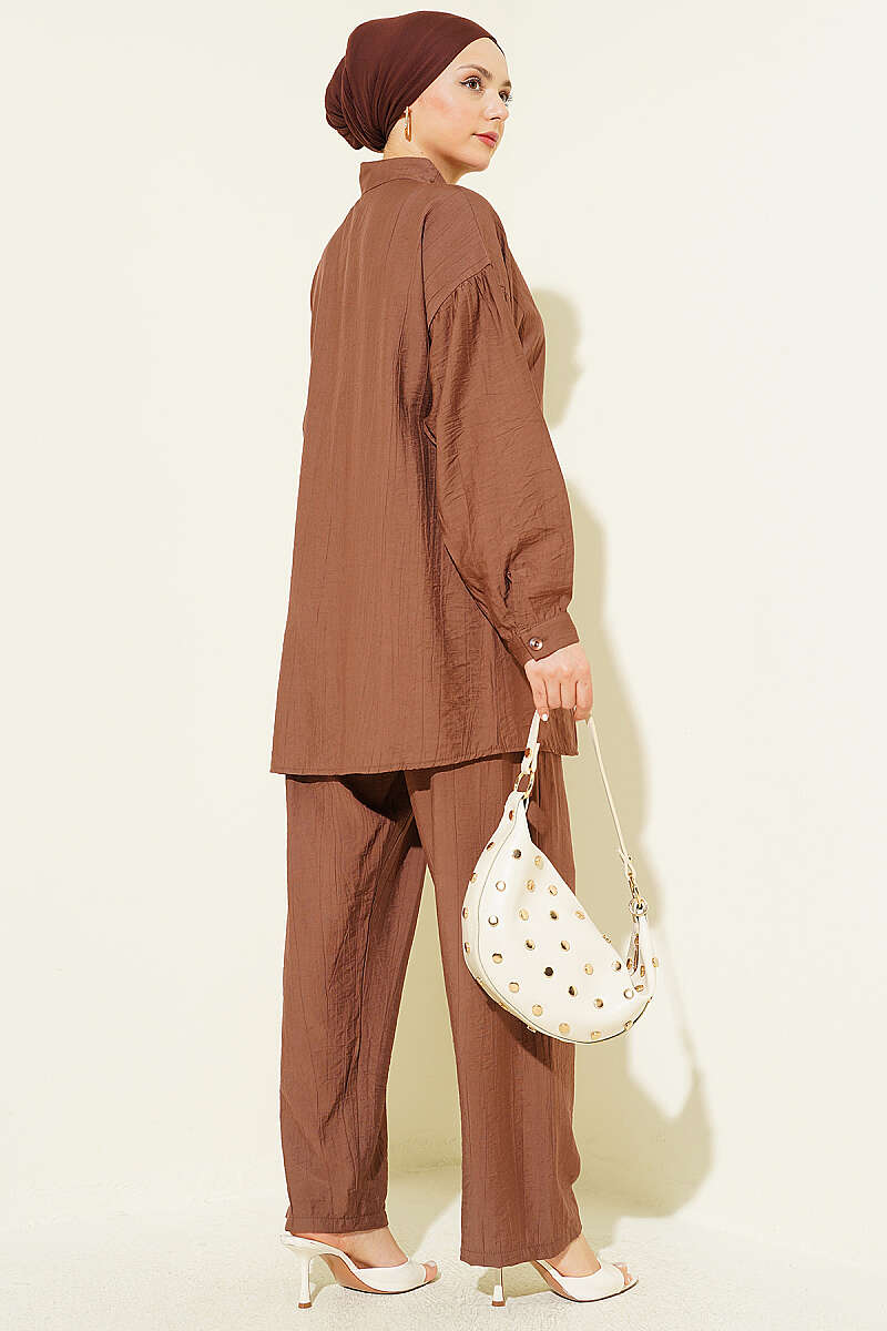 Two-Piece Set with Side Ties and Gold Buttons - Tan