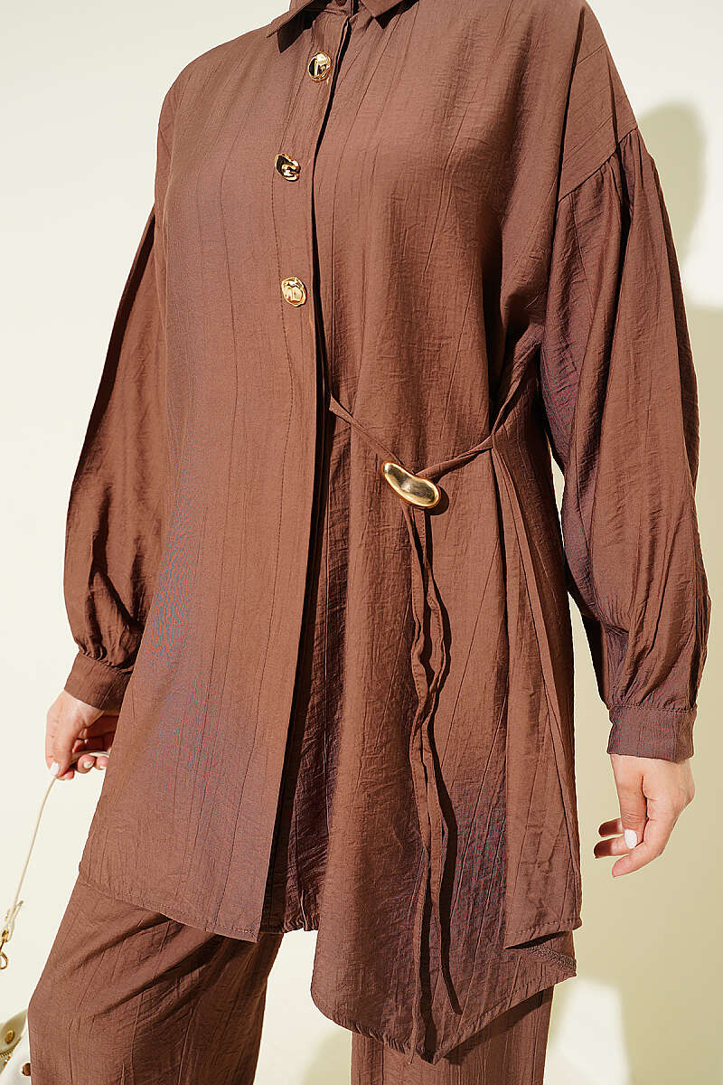 Two-Piece Set with Side Ties and Gold Buttons - Tan
