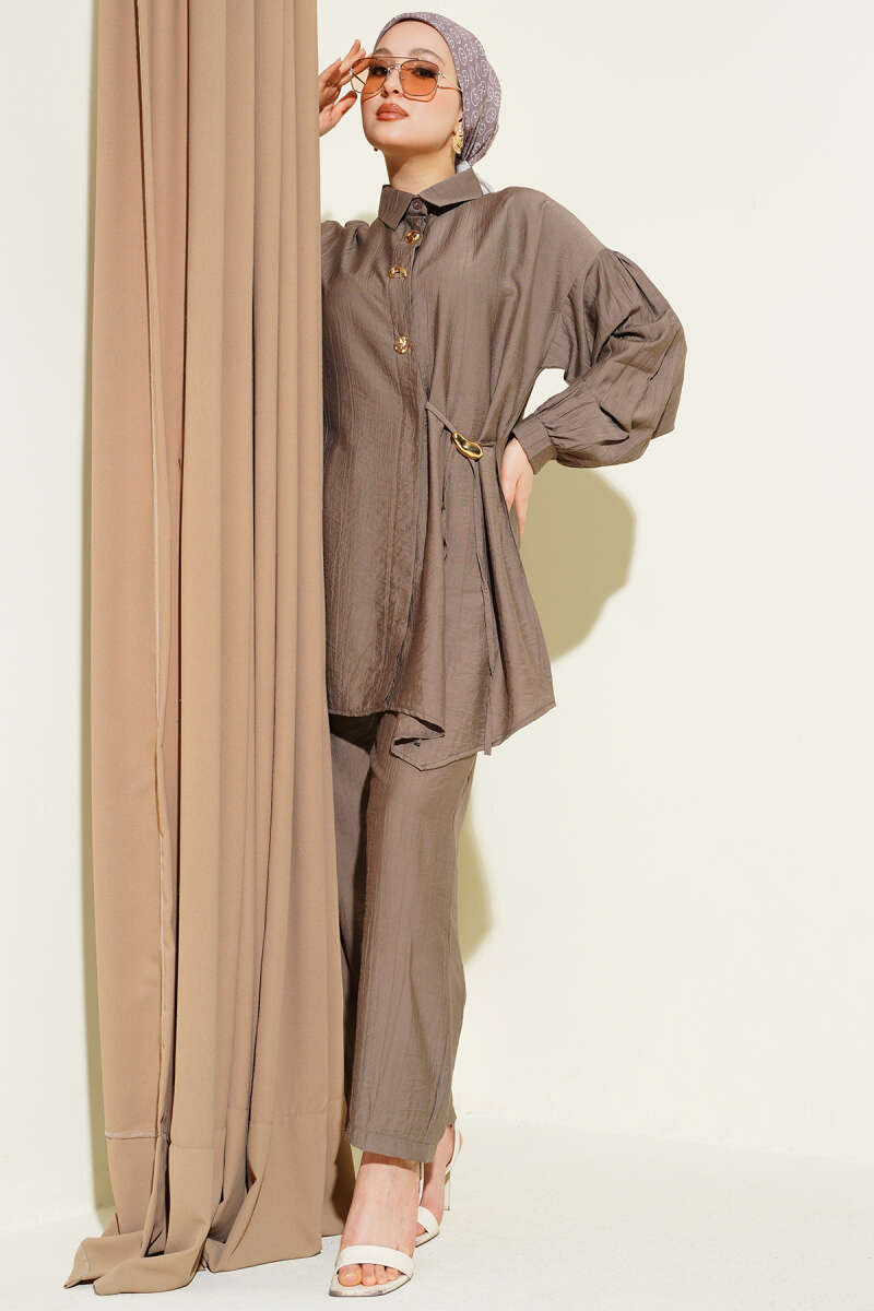 Two-Piece Set with Side Ties and Gold Buttons - Mink