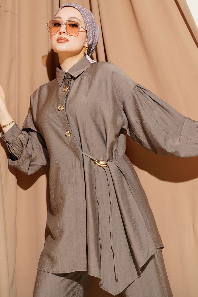 Two-Piece Set with Side Ties and Gold Buttons - Mink