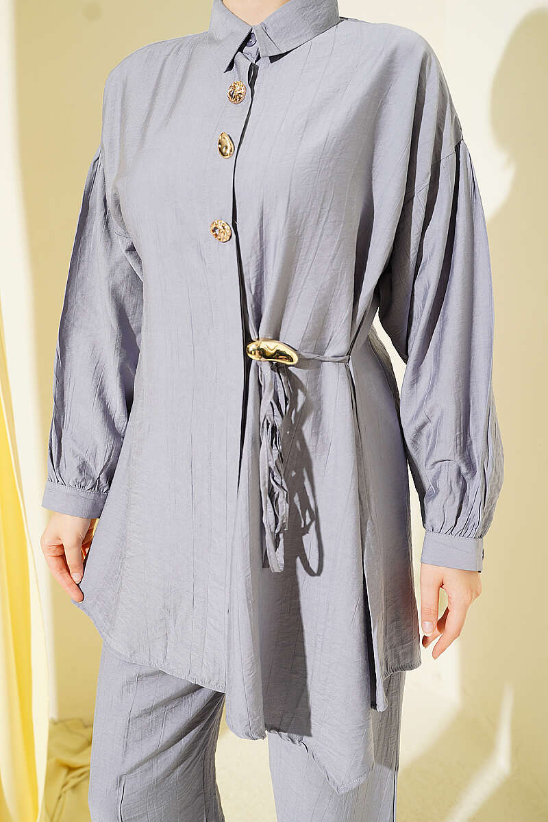 Two-Piece Set with Gold Buttons and Side Ties - Grey
