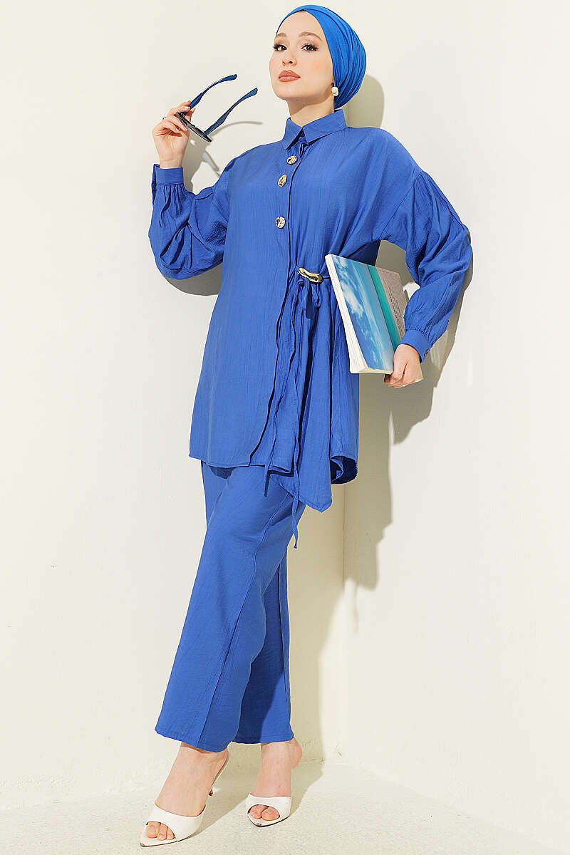 Two-Piece Set with Gold Buttons and Side Ties - Saxe Blue