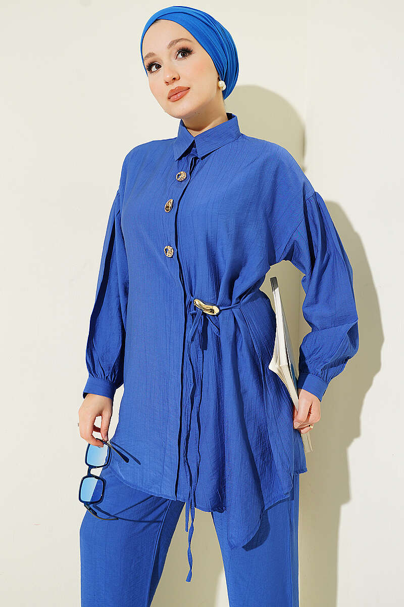 Two-Piece Set with Gold Buttons and Side Ties - Saxe Blue