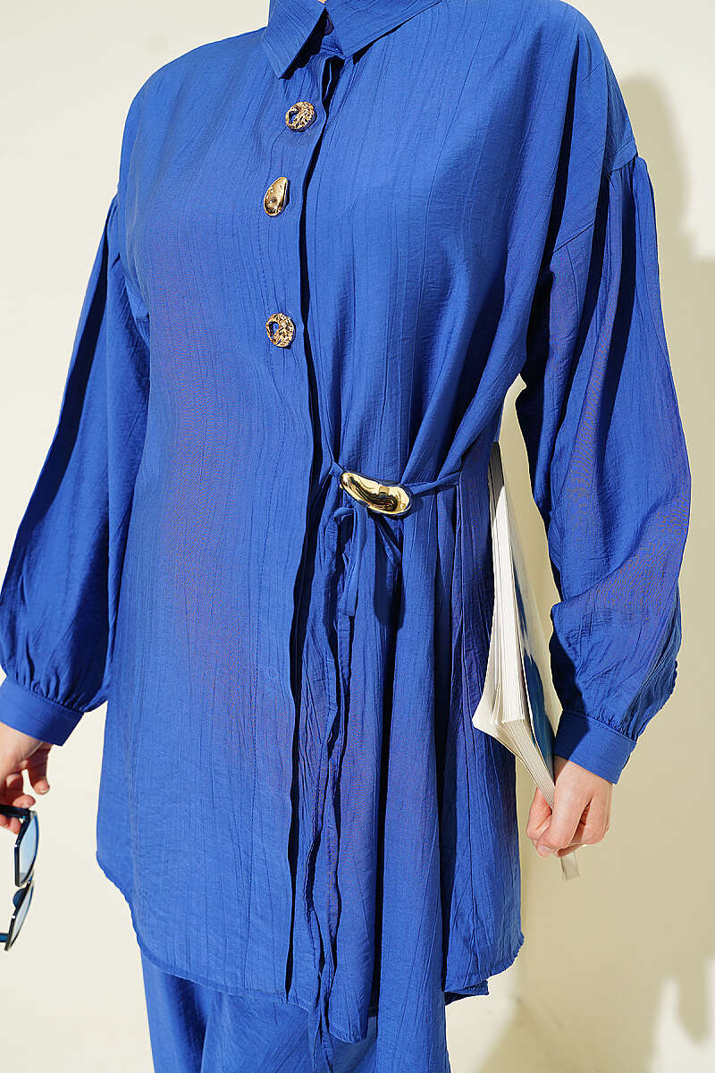 Two-Piece Set with Gold Buttons and Side Ties - Saxe Blue