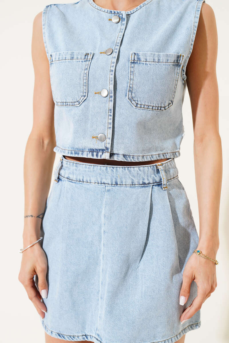 Vest Two-Piece Set with Gold Buttons - Light Blue