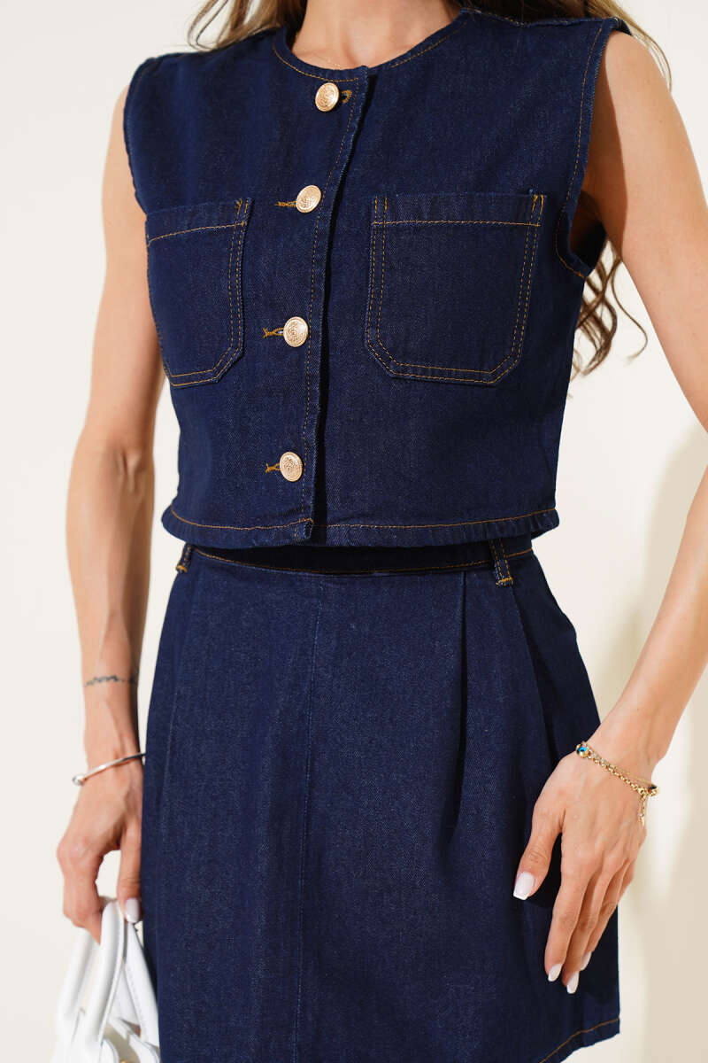 Vest Two-Piece Set with Gold Buttons - Navy