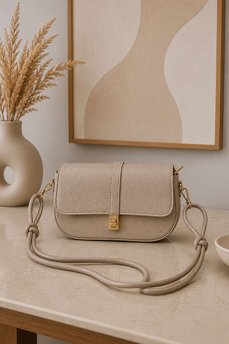 Handbag with Gold Lock Detail - Beige