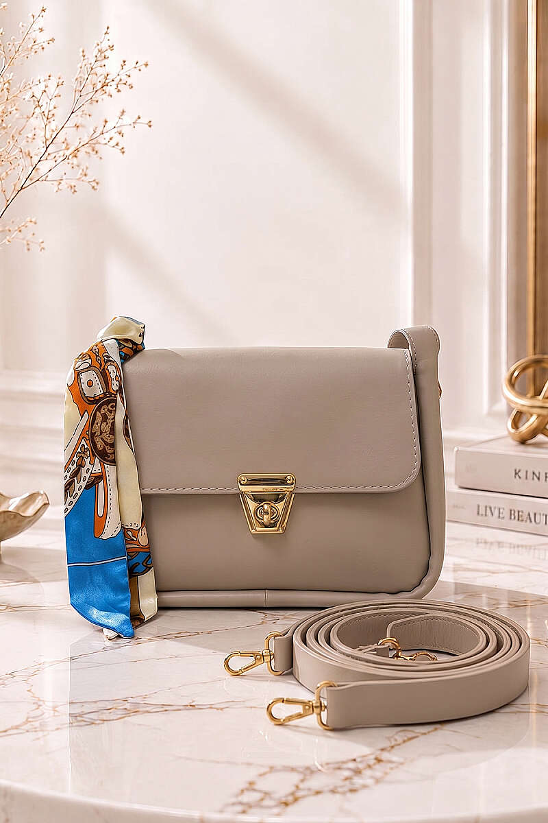 Bag with Scarf and Gold Lock - Beige