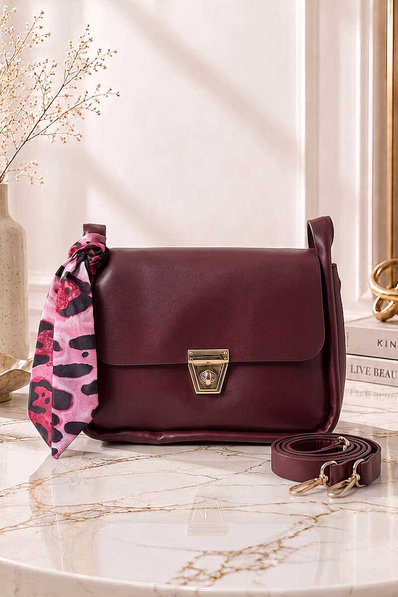 Bag with Scarf and Gold Lock - Burgundy