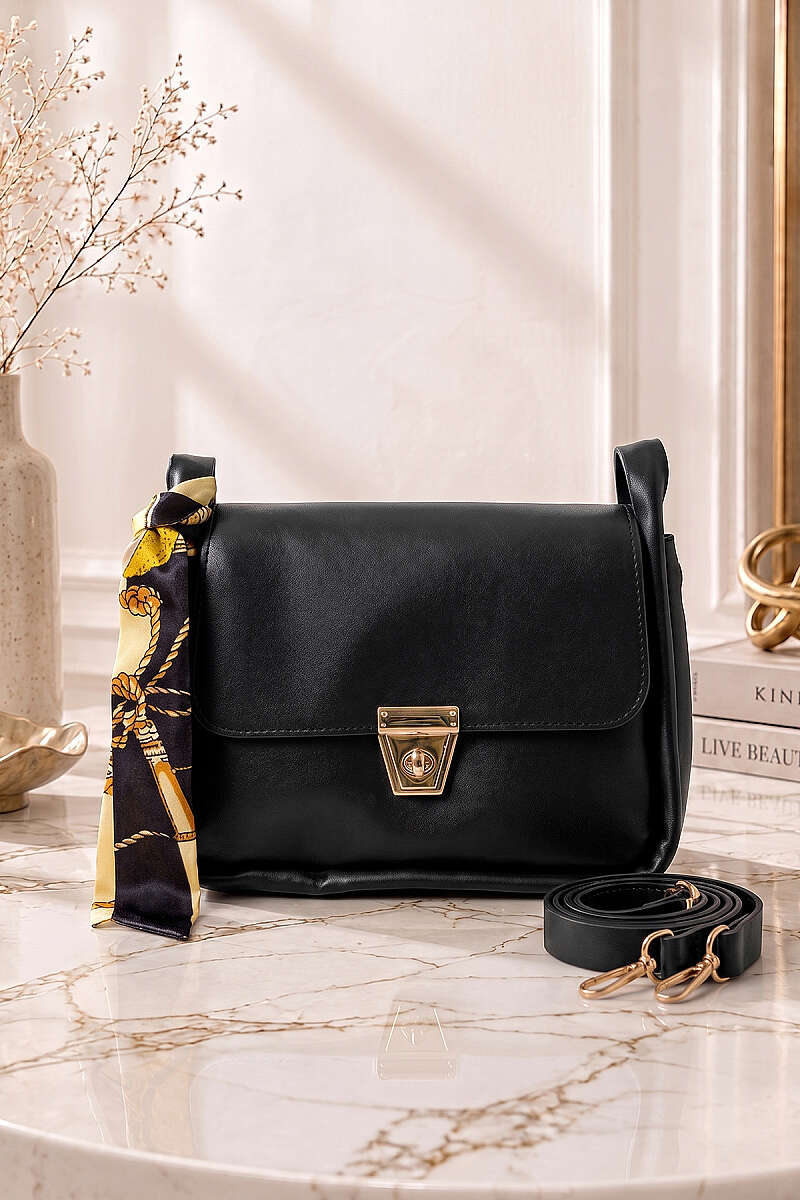 Bag with Scarf and Gold Lock - Black