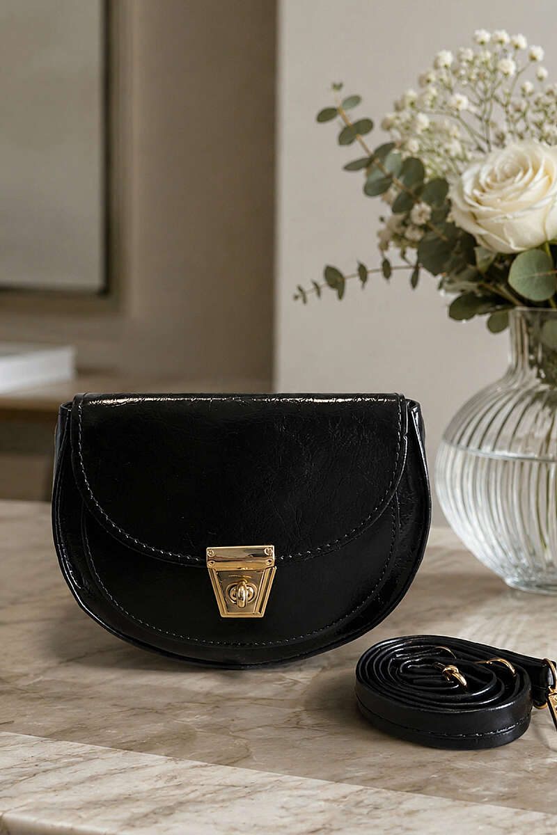 Handbag with Gold Lock and Trim - Black