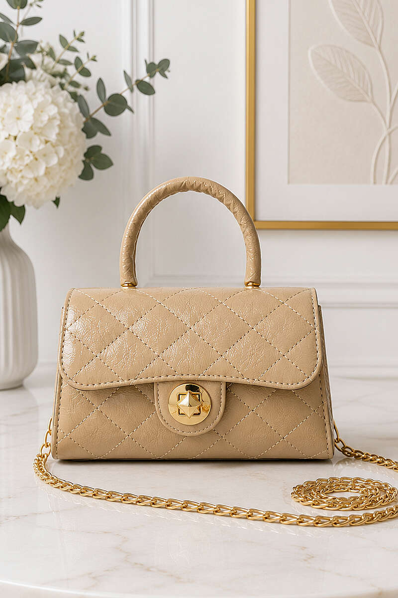 Gold Lock Handbag - Beige