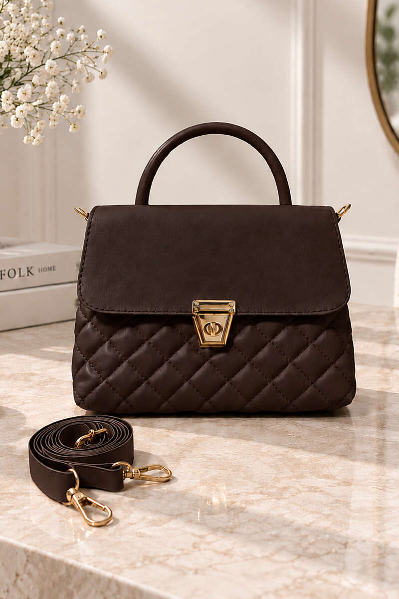 Quilted Handbag with Gold Lock - Dark Brown