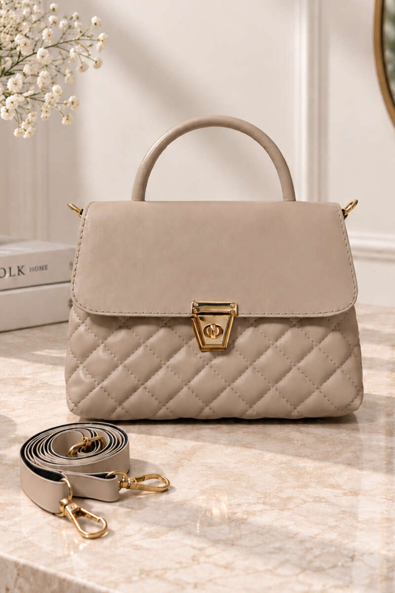 Quilted Handbag with Gold Lock - Beige