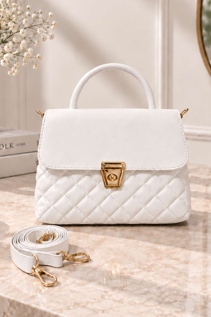 Quilted Handbag with Gold Lock - White