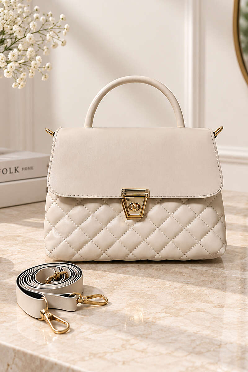 Quilted Handbag with Gold Lock - Bone