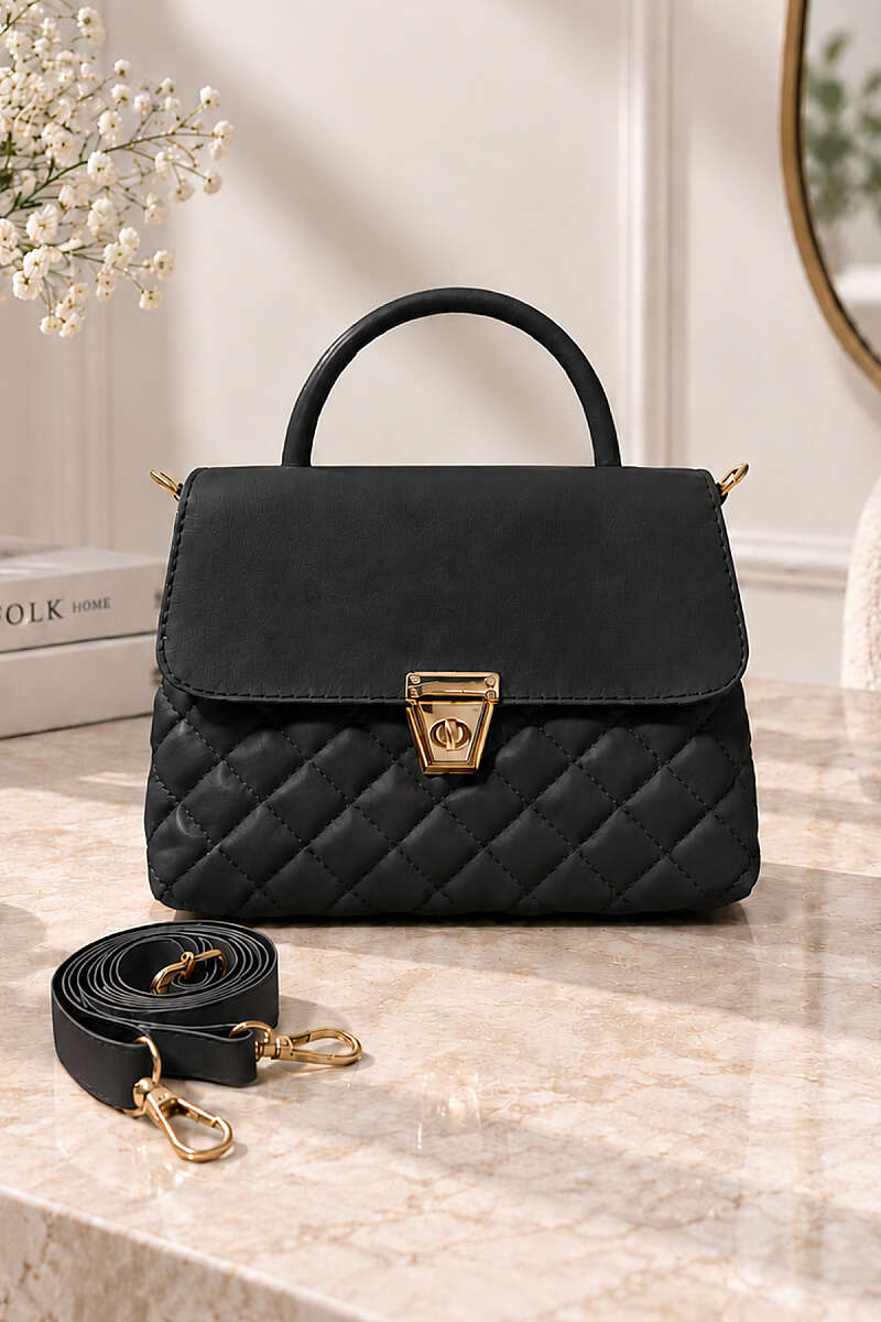 Quilted Handbag with Gold Lock - Black